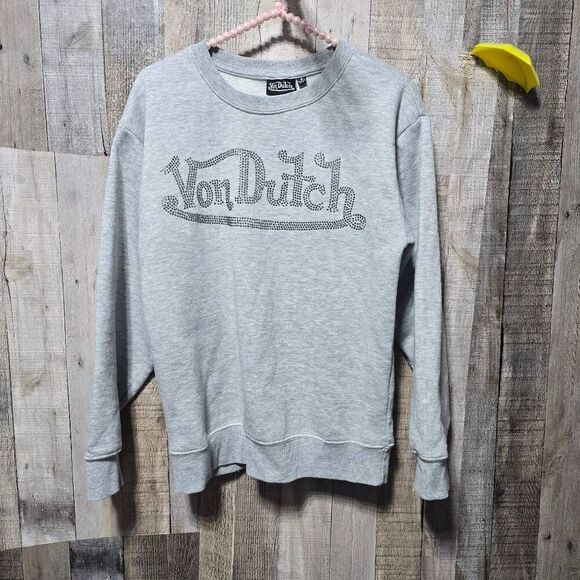 Von Dutch Tops - Von Dutch Vintage Y2K Grey Embellished McBling Fleece Sweatshirt Small Designer